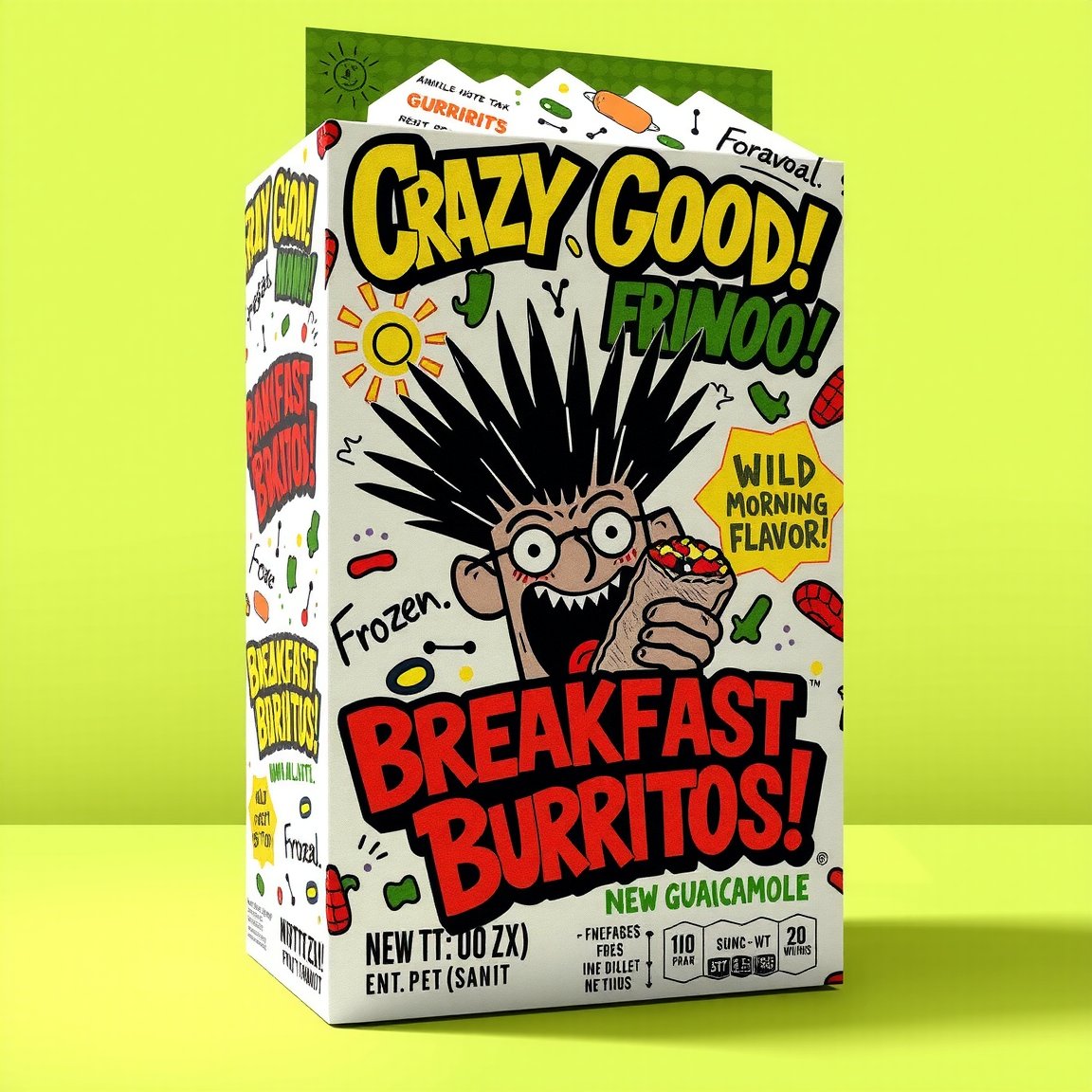 A vibrant and playful packaging design for frozen breakfast burritos. The box package features a hand-drawn, spiky-haired character holding a burrito with a wide, excited expression. The typography is bold, irregular, and hand-drawn, with phrases like 'Crazy Good!' and 'Wild Morning Flavor!' in bright, contrasting colors like yellow, red, and green. The box background is playful, doodle-like elements such as suns, peppers, and beans. It is shown against a green guacamole background. The overall style is intentionally naive and amateurish, giving it a fun and energetic appeal.