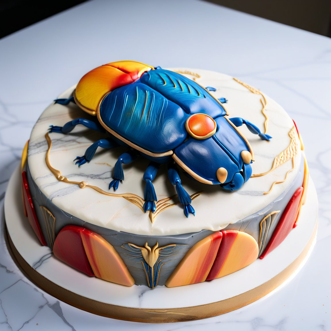 decorated buttercream cake of traditional Egyptian scarab beetle,  yellow, peach frosting with lapis lazuli, red and gold highlights, oblique view. cake has a smooth, glossy surface, clear division down the middle of the shell and six legs. scarab  on a luxurious marble counter,  marble featuring subtle veining in shades of white and gray, opulent presentation. lighting emphasizes glossy finish of cake, rich colors of the scarab's design.