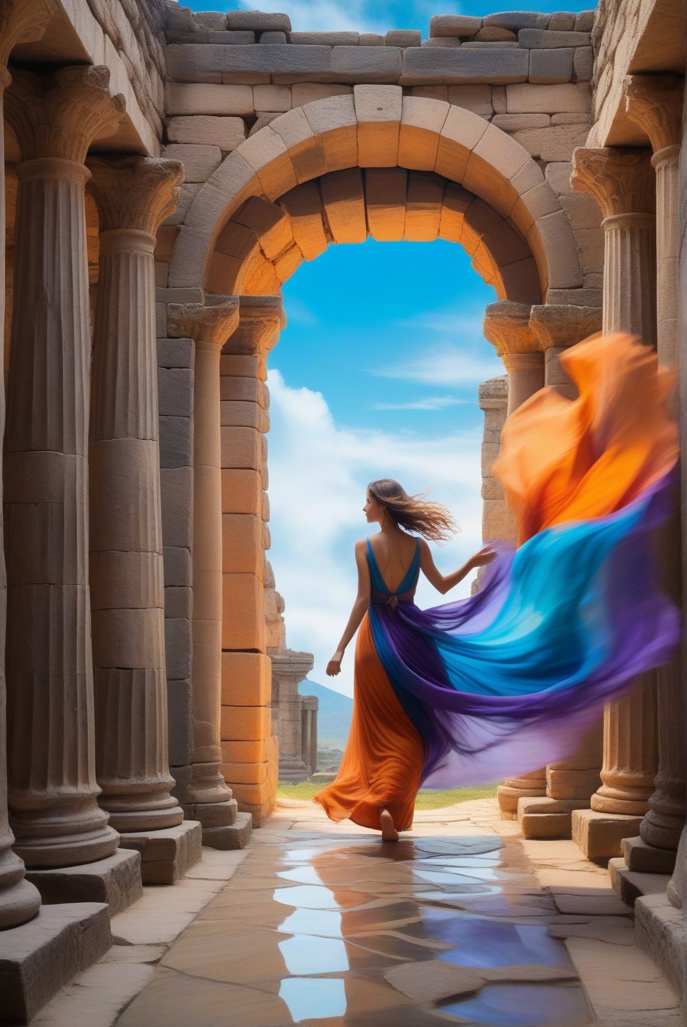 A surreal scene where a barefoot woman in a flowing gown walks toward a swirling portal of vibrant blue, orange, and purple. The gown moves with the portal's energy. The backdrop includes ancient stone ruins and pillars, creating a timeless, magical atmosphere. The woman approaches the portal confidently, evoking a sense of transformation and exploration.

