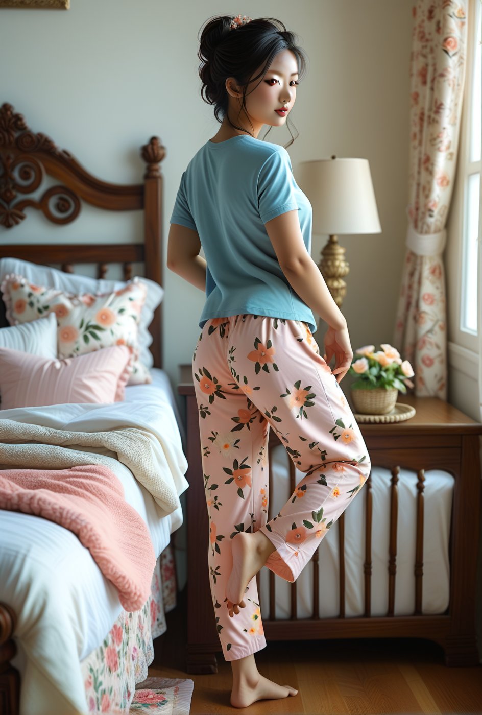 score_9, score_8_up, score_7_up,
full body portrait rear view, 
young asian woman with dark hair in updo with smooth skin, wearing long oversize t-shirt, silk floral pajama pants, barefoot, standing next to bed, knee on bed, one leg bent with foot raised to show sole, toes, hourglass figure,
posing in initimate boudoir with soft lighting, frilly throw pillows,Enhance face detail+++