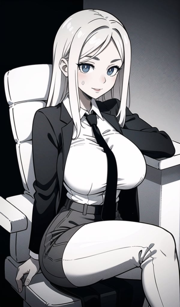 a women sitting in a chair with a tie on,long hair,shirt open,big breasts,monochrome,greyscale,parted lips,pants,mole,lips,soft