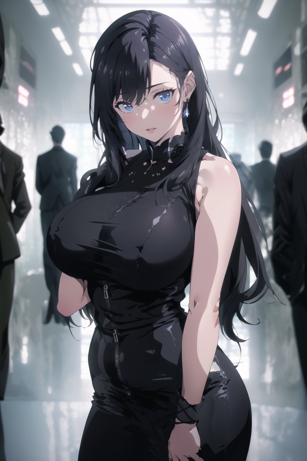 (masterpiece, best quality, highres:1.3), 1girl,milf, goth, big breasts,thick thights, suit