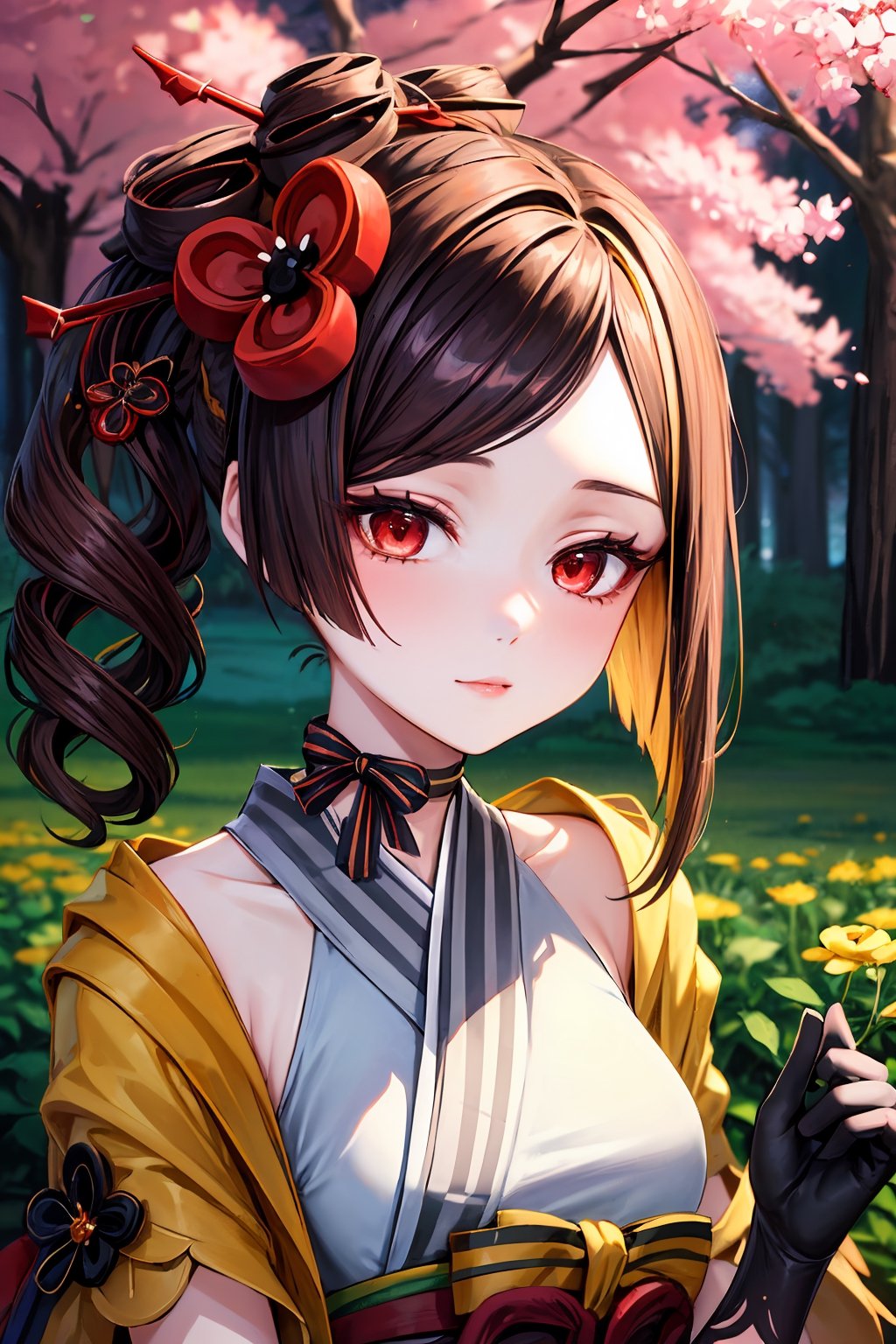 chiori gi, 1girl, solo, looking at viewer, brown hair, hair ornament, japanese clothes, black gloves, detailed background, closed mouth, red eyes, perfect light, closed_mouth, flower fields, sakura trees, dusk, light_smile, lips_apart, upper body, dynamic angle, 
