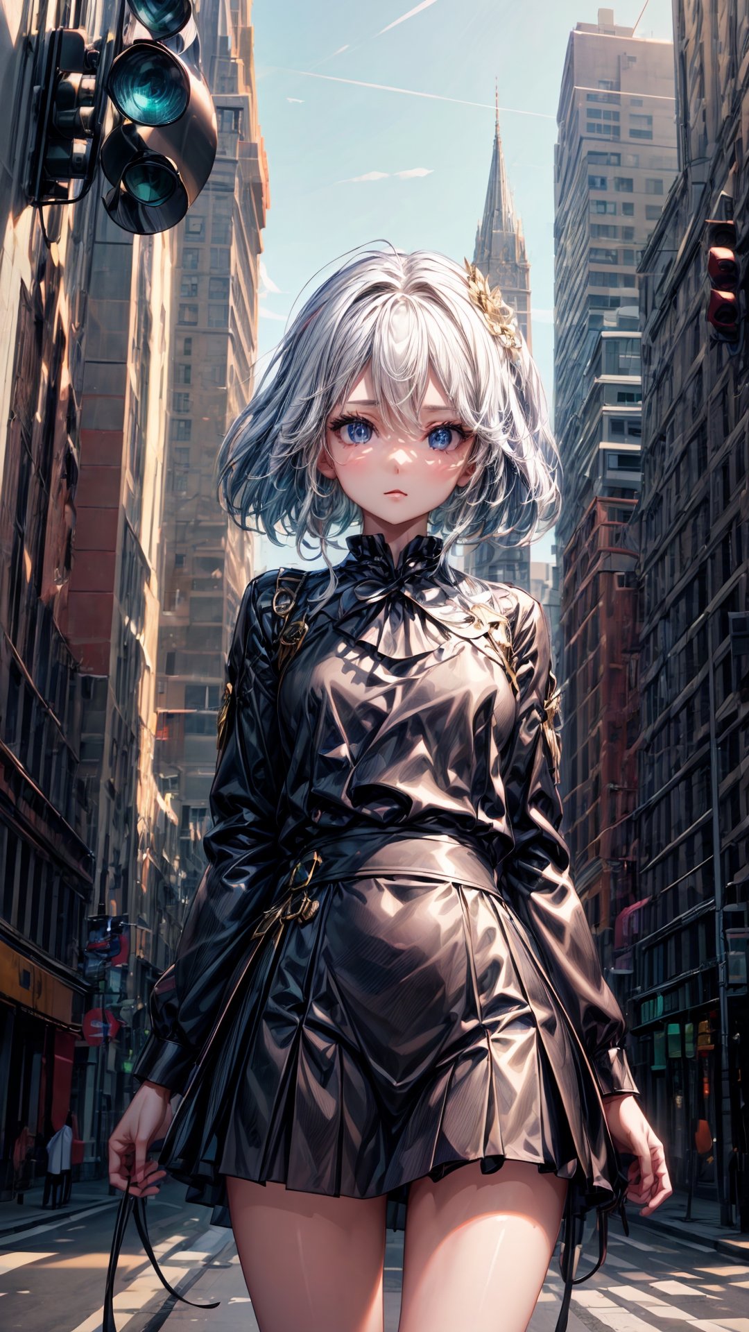 1 girl, solo, standing in the middle of the road, traffic light, tall building, masterpiece, best quality, (extremely detailed CG unity 8k wallpaper, masterpiece, best quality, ultra-detailed, best shadow), (detailed background), (beautiful detailed face, beautiful detailed eyes), High contrast, (best illumination, an extremely delicate and beautiful), dynamic angle, beautiful detailed glow,full body, realistic, ,furina