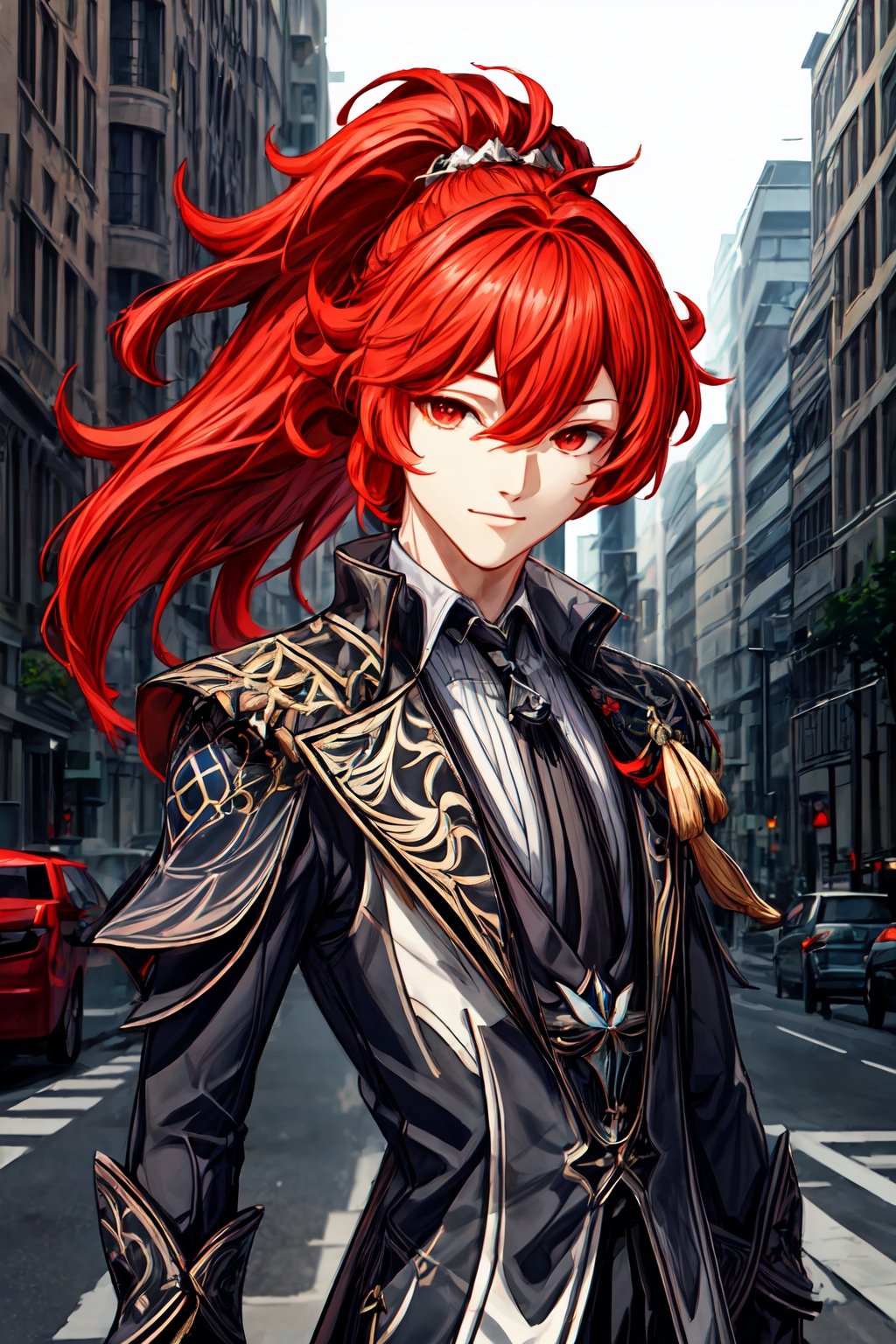 1boy, solo, diluc \(genshin impact\), red eyes, red hair, overgrown hair, long hair, ponytail, outdoor, in the middle of the road, traffic light, tall building, city, look at viewer, light smile, best quality, potrait, (extremely detailed CG unity 8k wallpaper, masterpiece, best quality), (detailed background), High contrast, (best illumination, an extremely delicate and beautiful), realistic, perfect light,diluc \(genshin impact\)