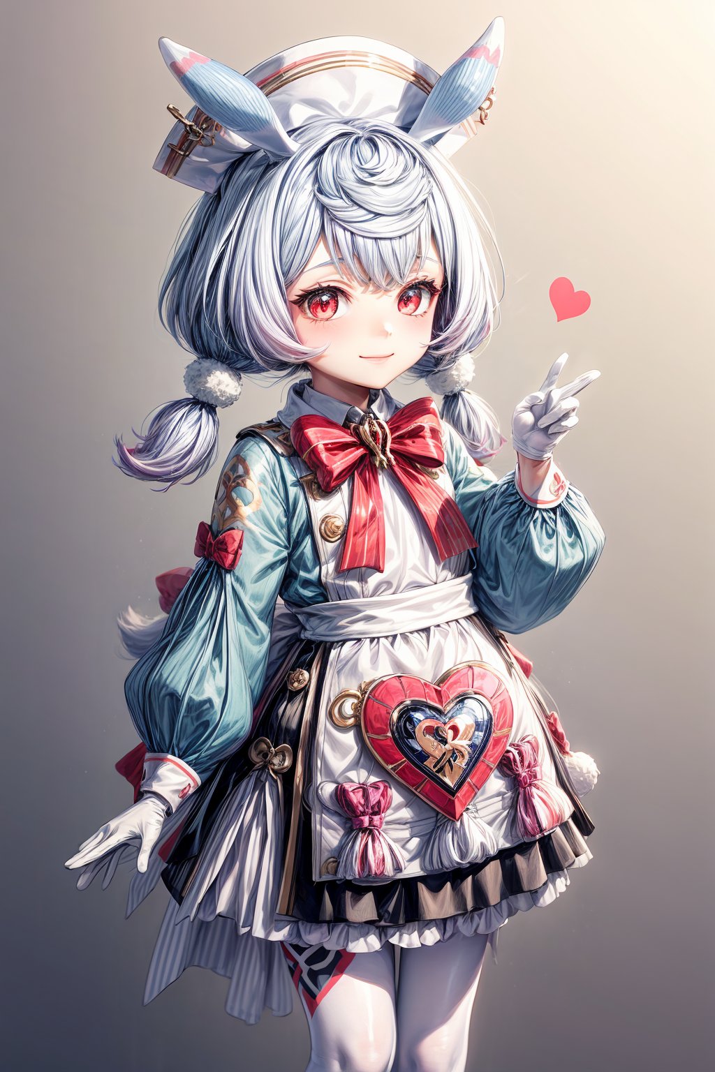 sigewinne \(genshin impact\), 1girl, solo, white gloves, red eyes, pom pom \(clothes\), long sleeves, twintails, red bow,white headwear, animal ears, white apron, white pantyhose, bowtie, dress, blue hair, pom pom hair ornament, heart satchel, boots, vision \(genshin impact\), 4k wallpaper, simple backgroud, little kid, light smile, flat chested,