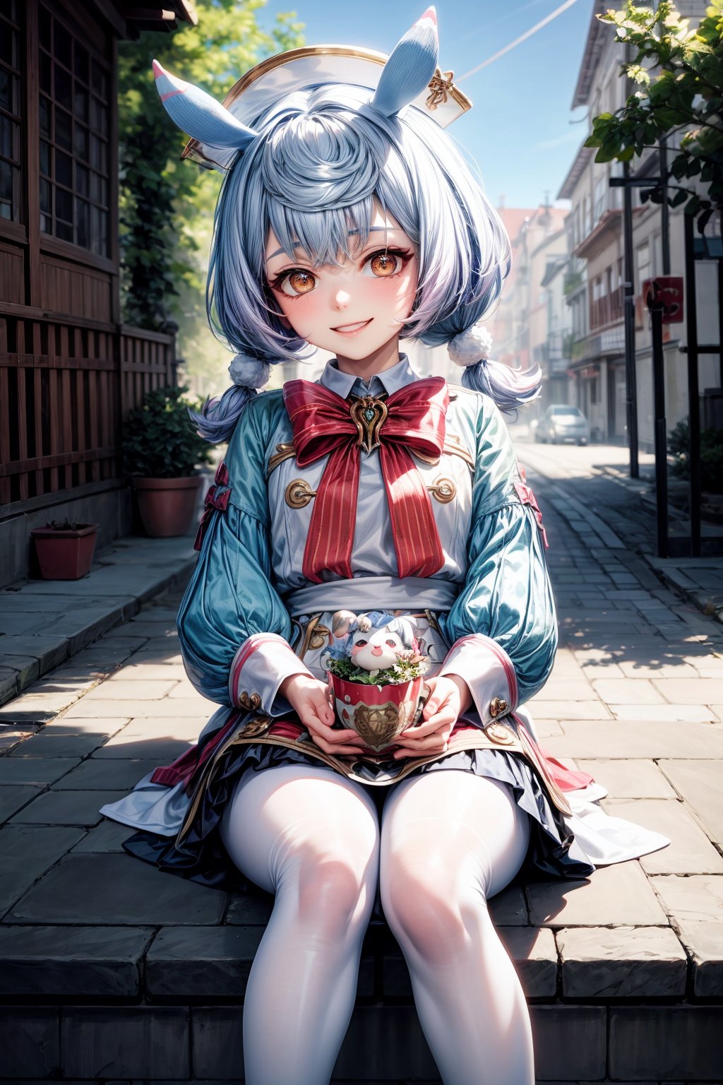 A whimsical and playful scene! Sigewinne, the beloved character from Genshin Impact, strikes a pose outdoors with a mischievous grin. She wears a white apron over her red bow-adorned dress, which features long sleeves, twin tails, and a pom-pom hem. Her blue hair is tied up with a fluffy pom-pom ornament, and she sports animal ears on her head. A matching pair of boots and white pantyhose complete her outfit. The vision in front of her seems to be the focus of her attention, as she gazes smugly into the distance. In the background, a warm sunlight casts a gentle glow, illuminating the scene with a sense of joy and adventure.