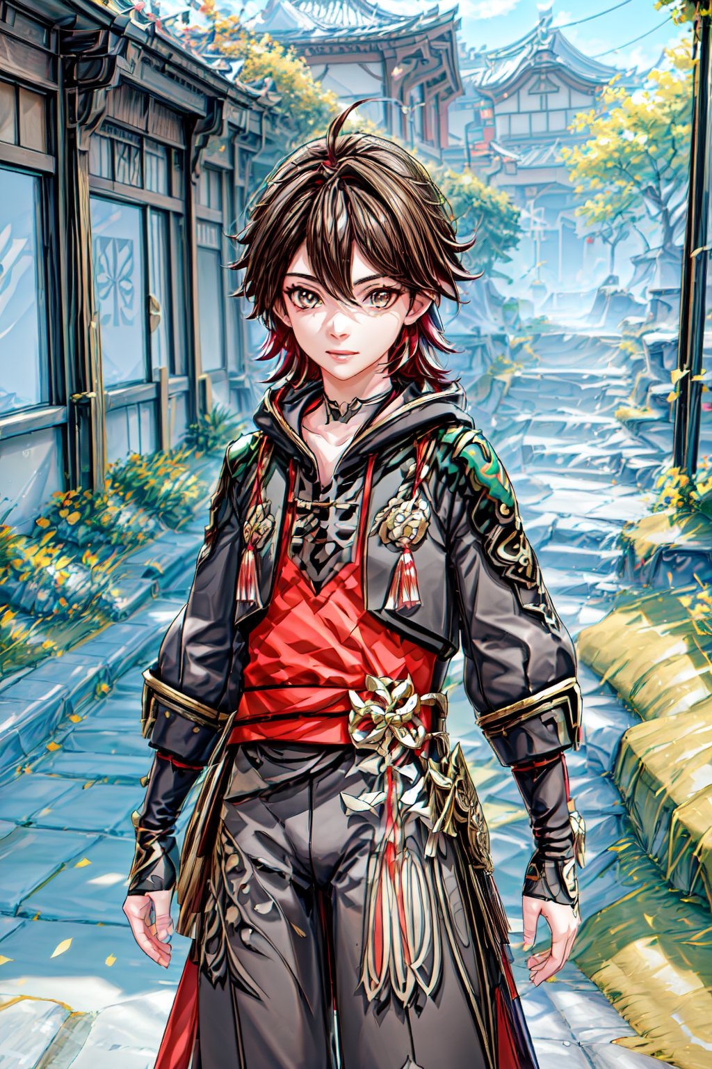 1boy, solo, gaming (genshin impact), brown hair, golden eyes, multicolor hair, overgrown hair, outdoor, light smile, look at viewer, best quality, potrait, (extremely detailed CG unity 8k wallpaper, masterpiece, best quality), (detailed background), High contrast, (best illumination, an extremely delicate and beautiful), realistic, perfect light, gaming (genshin impact),perfect light,gaming (genshin impact)