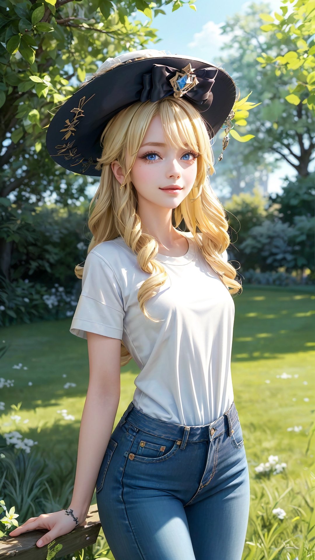 1 girl, solo, mature lady, navia \(genshin impact\), blonde hair, blue eyes, yellow bow, fancy hat, small breasts, withe t shirt, grey coat, jeans, smile, grass, tree, branches, open fields, look at viewer, hands behind back, best quality, potrait, (extremely detailed CG unity 8k wallpaper, masterpiece, best quality, ultra-detailed, best shadow), (detailed background), (beautiful detailed face, beautiful detailed eyes), High contrast, (best illumination, an extremely delicate and beautiful),  realistic, ,navia (genshin impact),perfect light,navia \(genshin impact\)