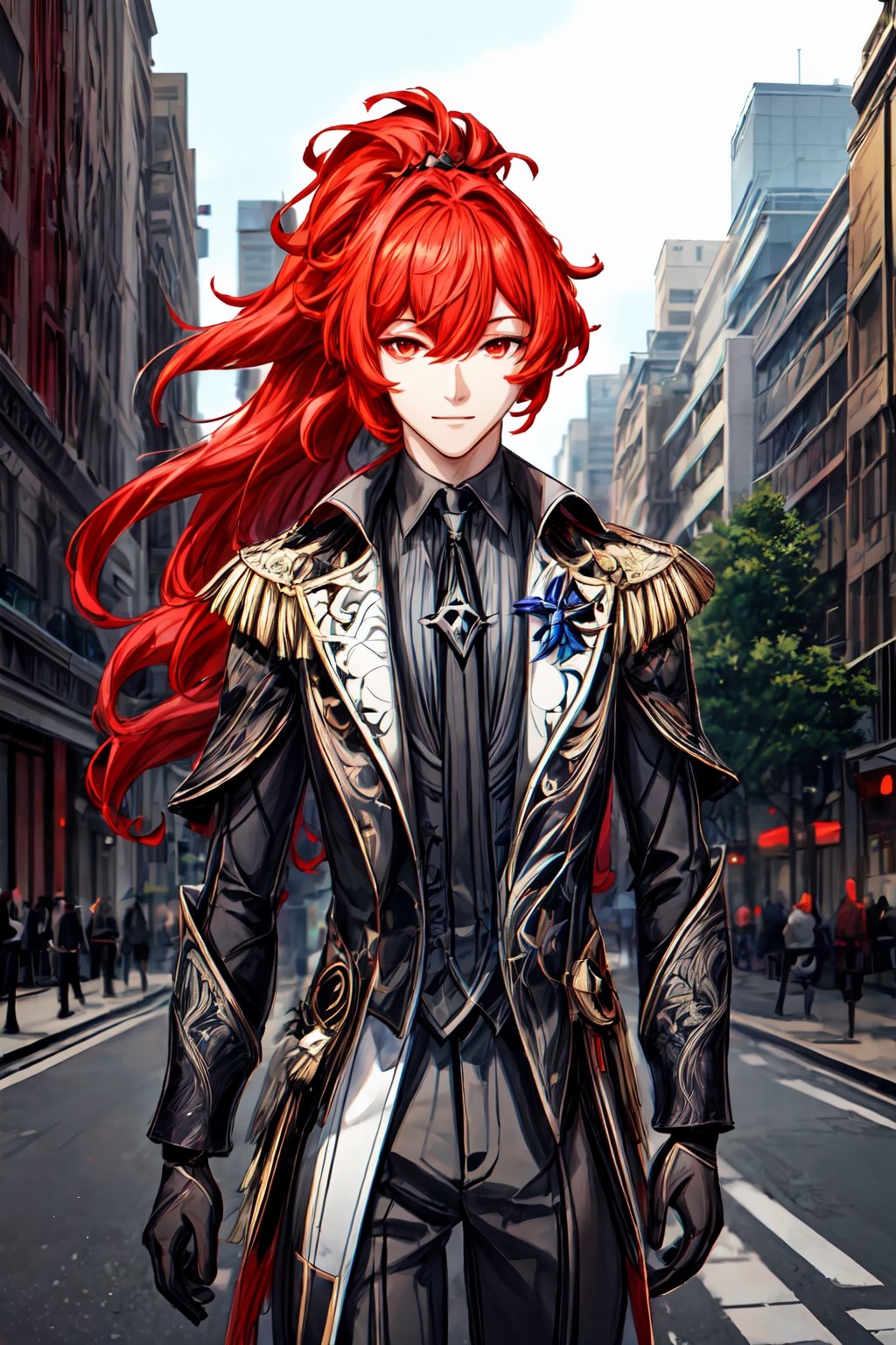 1boy, solo, diluc \(genshin impact\), red eyes, red hair, overgrown hair, long hair, ponytail, outdoor, in the middle of the road, traffic light, tall building, city, look at viewer, light smile, best quality, potrait, (extremely detailed CG unity 8k wallpaper, masterpiece, best quality), (detailed background), High contrast, (best illumination, an extremely delicate and beautiful), realistic, perfect light,diluc \(genshin impact\)