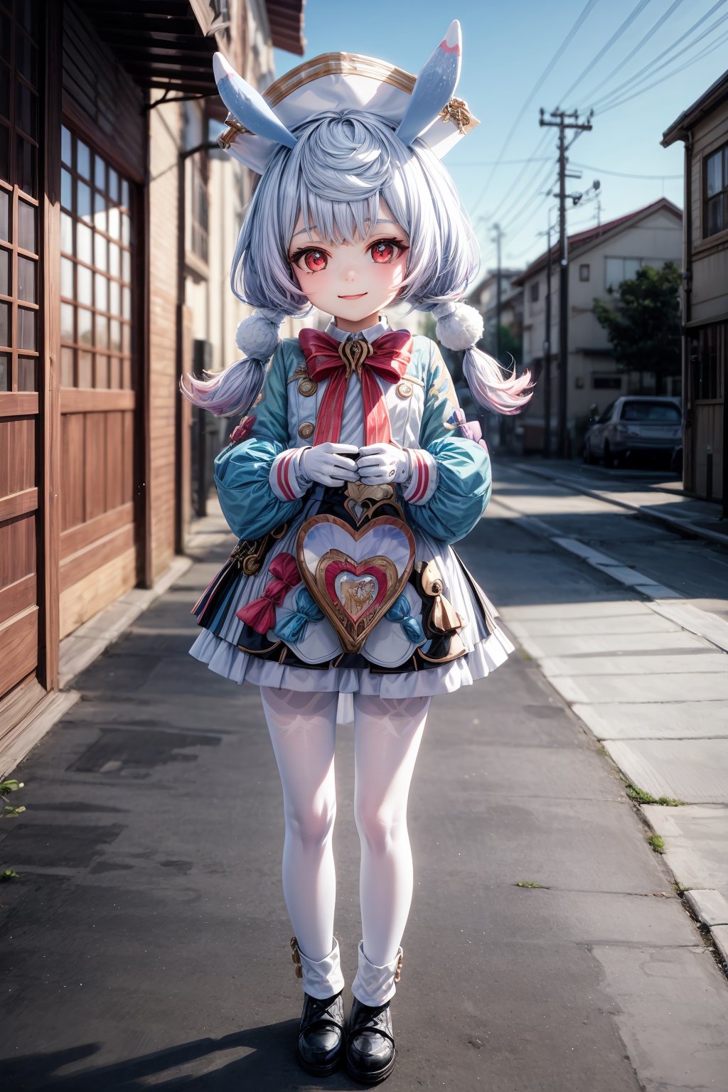 sigewinne \(genshin impact\), 1girl, solo, kid, white gloves, red eyes, pom pom \(clothes\), long sleeves, twintails, red bow,white headwear, animal ears, white apron, white pantyhose, bowtie, dress, blue hair, pom pom hair ornament, heart satchel, boots, vision \(genshin impact\), 4k wallpaper, simple backgroud, light smile, flat chested, outdoor, standing, 