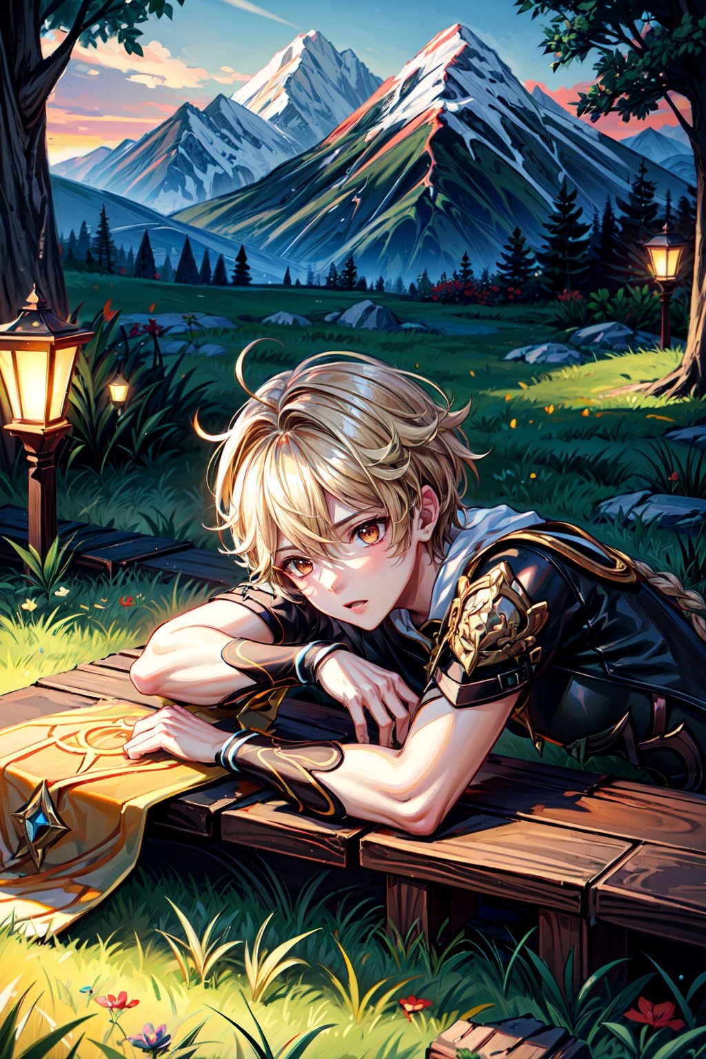1 boy, Aether, golden eyes, blonde hair, single short braid, slender body, full body, no muscle, stern face, pensive, look at the sky, laying down on grass, big tree, mountain view in the distance, lights rays, perfect sunlight, perfect shadow, noon, side view, high resolution. High quality, perfect hand, perfect finger, detailed background,More Detail,aether