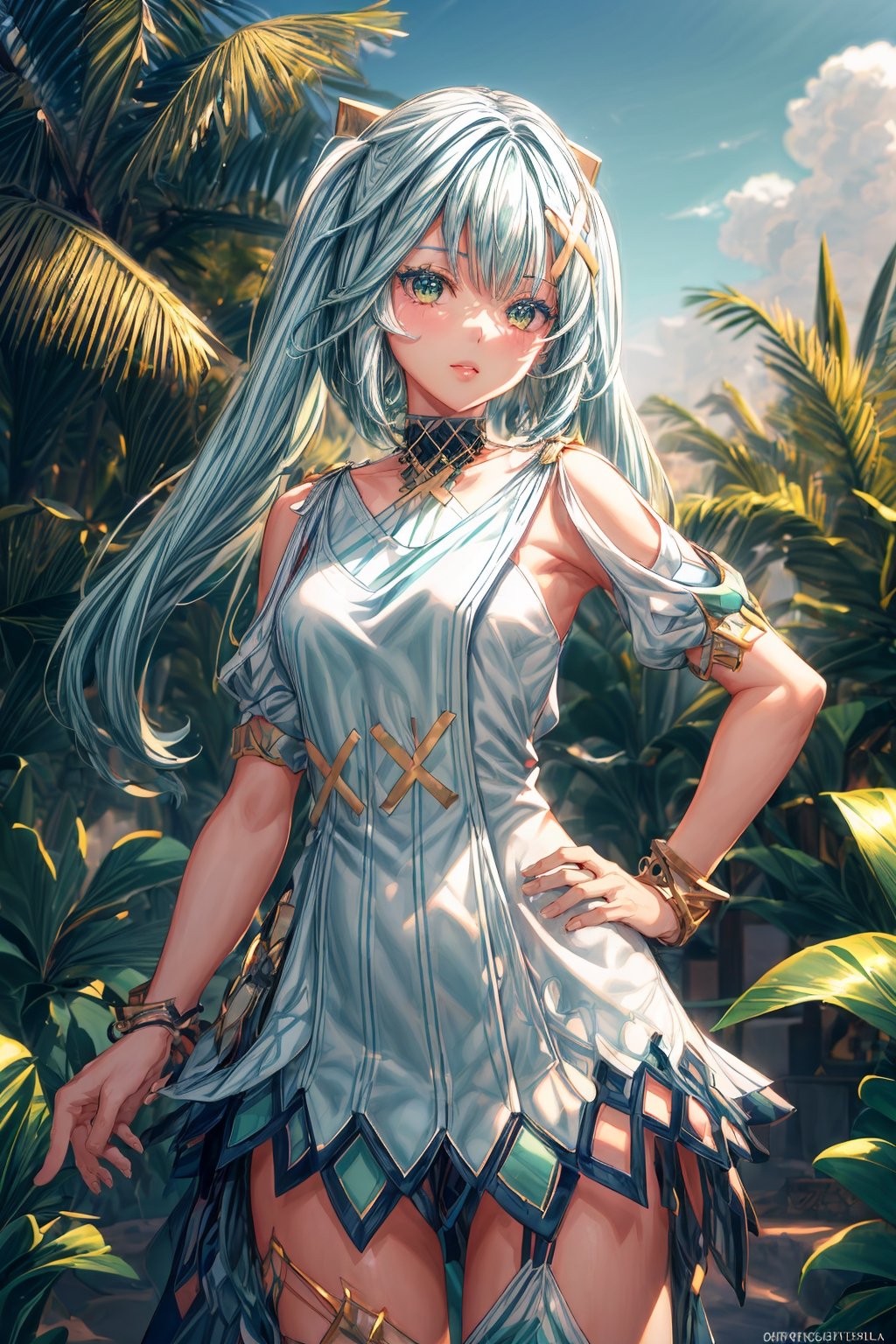 1 girl, faruzandef, smile, lips apart, sahara desert, desert background, palm tree, oasis, outdoor, masterpiece, best quality, bright, (extremely detailed CG unity 8k wallpaper, masterpiece, best quality, ultra-detailed, best shadow), (detailed background), High contrast, anime, FARUZANRND,FARUZANRND