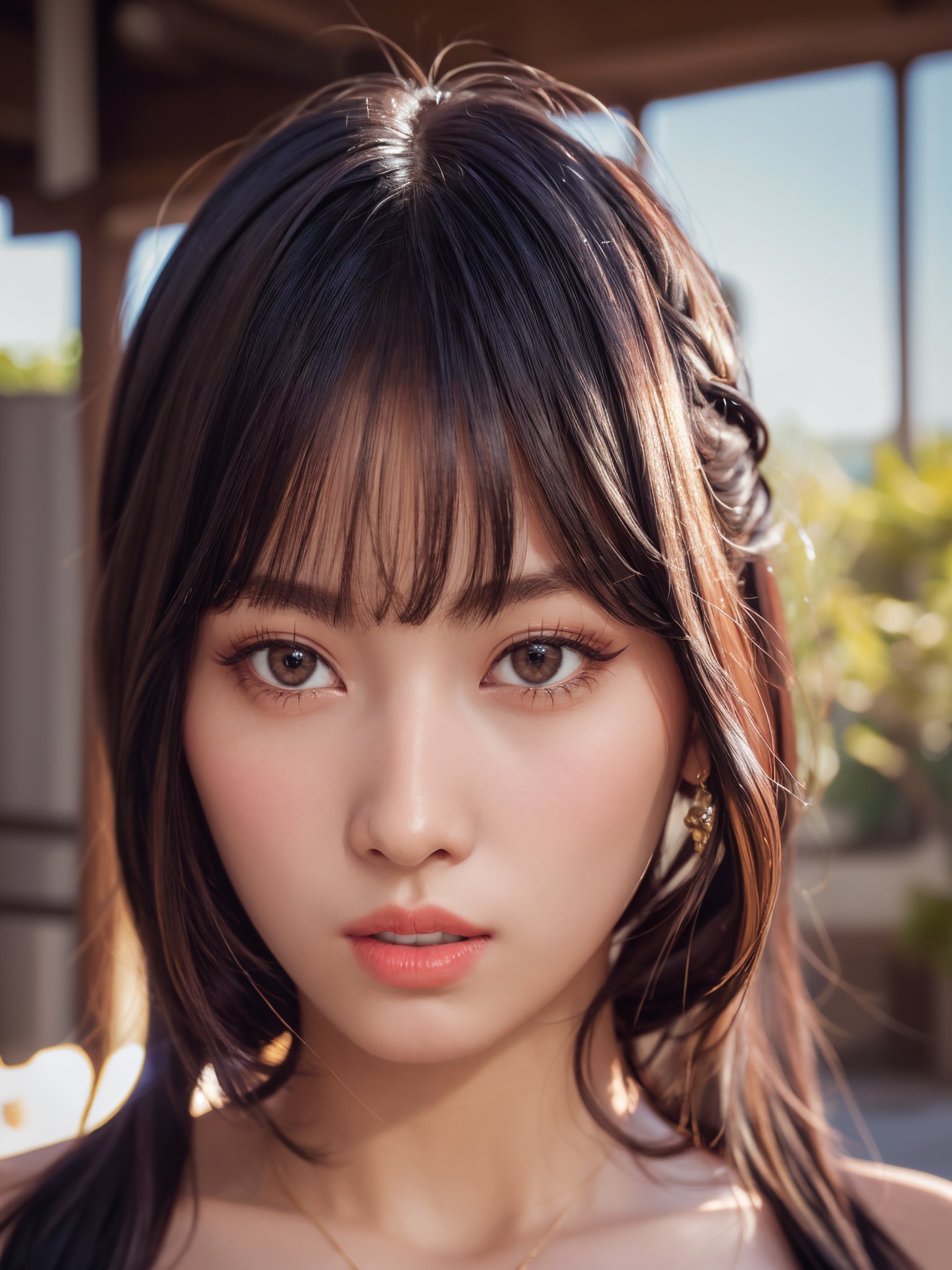 Momo, 1girl, solo, realistic, looking at viewer, photograph, photorealistic, beautiful and aesthetic, extremely detailed skin, extremely detailed hair, shadows, masterpiece, top quality, best quality, highres, ultra-high res, ultra-detailed, detailed lighting, high key lighting, vignetting,