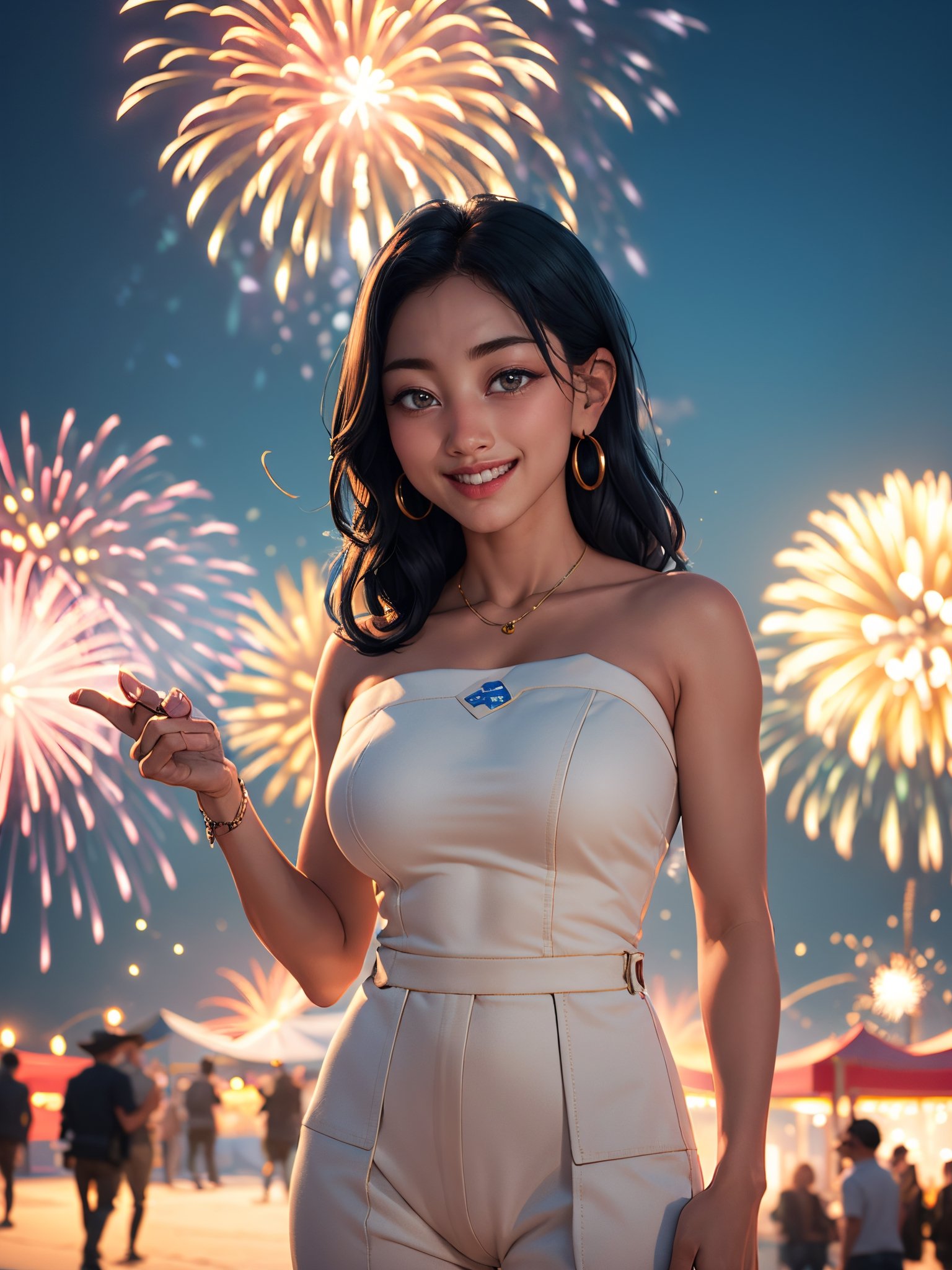 Jihyo, New Years, fireworks, grin, cowboy shoot, 1girl, solo, looking at viewer, photo, realistic, shadows, high_res, detailed_background, high key lighting, vignetting,