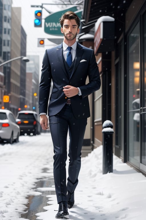 A man, handsome, wearing formal suit outfit, in the winter, in a sad city, snow is falling. Office theme