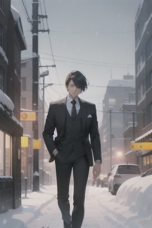 A man, wearing formal suit outfit, in the winter, in a sad city, snow is falling. Office theme