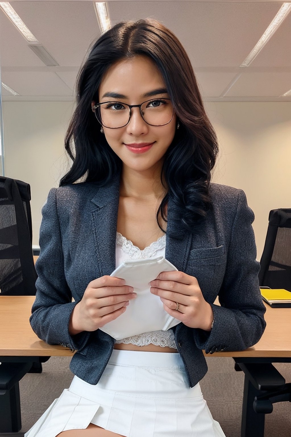  
1 girl, {photo of a beautiful woman in looking at camera}, look at viewer, calm expression, (office tables and chairs:1.5), laptop,pile of documents , assistant office manager,(holding documents in hand:1.3), office_lady, long ponytail flown, glasses, black frame glasses, long curly hair, (black curly hair:1.3), (Mole_chin:1.3), (gigantic breasts:1.3), watch, full body focus,, perfect anatomy, eye smile, (wearing a white suit:1.4), (tight_skirt:1.8), (short skirt:1.4), black shirt, glamor body type, Black pump shoes on bare feet, floor, (dynamic pose:1.3) office_lady, (seductive smile:1.4), (full body:1.3),Indonesiadoll,Extremely Realistic,BREAK,

sitting down, crossed legs, computer terminals, headquarters background, coffee,
BREAK



extremely realistic, masterpiece, super detailed, High detail RAW photo, professional photograph, ultra-detailed, unity, 8k wallpaper, Amazing, finely detail,BREAK

shot on a Hasselblad H6D-400c with a Voigtländer Nokton 55mm f2.5 lens, in the style of (Richard Avedon:1.4), BREAK, 
((full body photo:1.4)), depth of field, (detailed face:1.2), (detailed eyes:1.2), (detailed background), (masterpiece:1.2), (ultra detailed), (best quality), intricate, comprehensive cinematic, photography, zud1t, Indonesiadoll, Extremely Realistic, SGBB, Nice legs and hot body, body shape, Dress, BREAK
Dress, jewelry, jacket, bag, formal, suit, pencil skirt, handbag, realistic, office lady, skirt suit