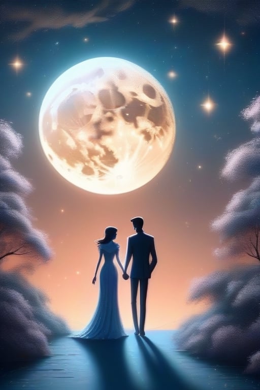 Beautiful love couple holding hand each other)mysterious and smoky atmosphere. The backdrop should showcase a prominent sky blue hue, and integrate a luminous moon, emphasizing the theme of 'Lunar Glow.' The overall composition should evoke a sense of intrigue and atmospheric beauty., cartoon art,glitter