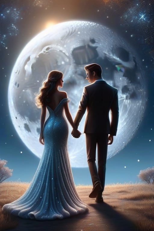 Beautiful love couple holding hand each other)mysterious and smoky atmosphere. The backdrop should showcase a prominent sky blue hue, and integrate a luminous moon, emphasizing the theme of 'Lunar Glow.' The overall composition should evoke a sense of intrigue and atmospheric beauty., cartoon art,glitter,realistic