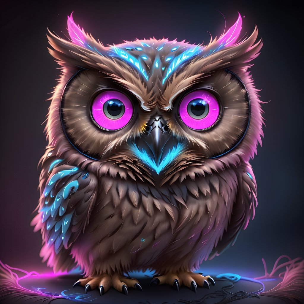 angry owl:1.3, brown-fur,big eyes, furistic, pink and blue neon light