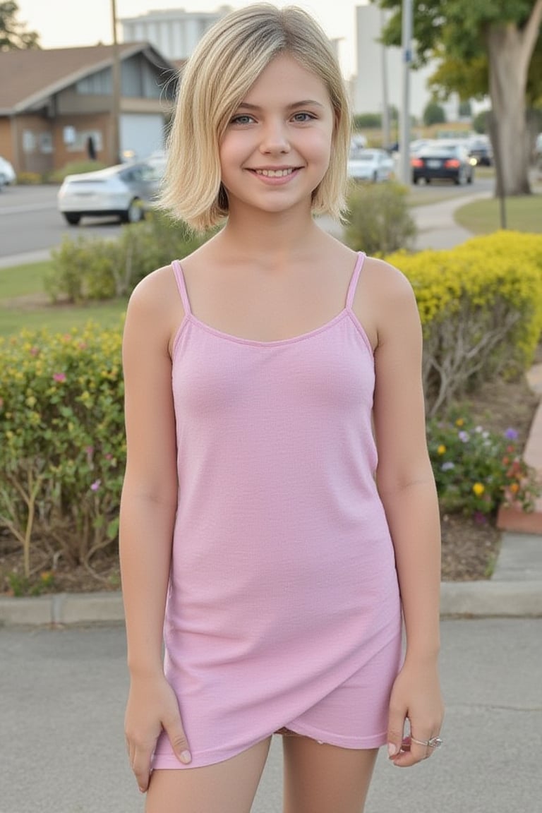 Early teen with a blonde asymmetric short bob hair cut. She is looking at the viewer with a smile. Wearing a short cotton dress. 