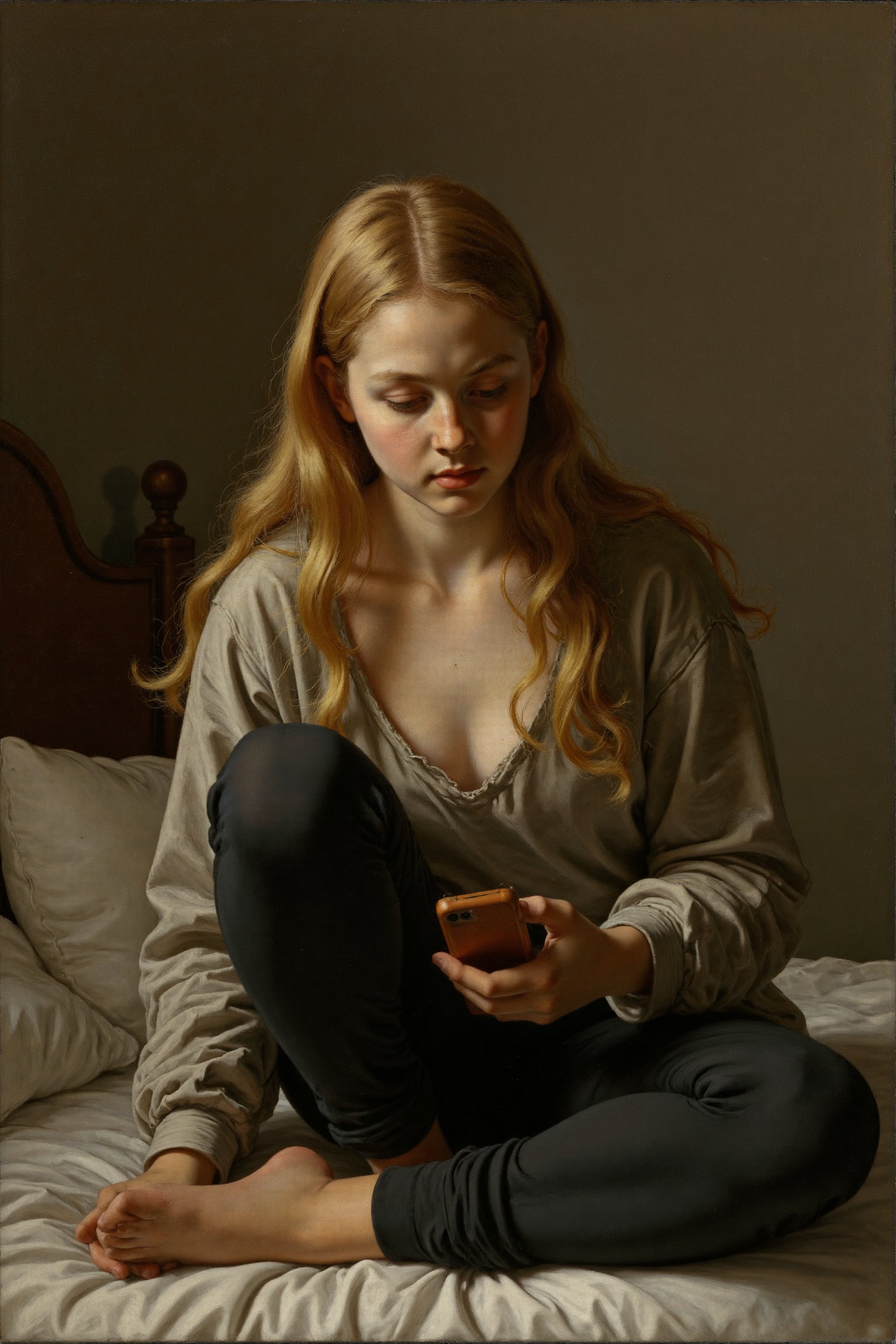 Oil painting. A portrait of a 13 year old girl. She is browsing her smartphone, her expression thoughtful and engaged. Her long, flowing blonde hair cascades over her shoulders. She is wearing a casual outfit, a low-cut top and yoga pants. Her posture is relaxed and natural, leaning slightly forward as she focuses on her screen. She is sitting on her bed in her bedroom. Use a combination of the Sfumato, Chiaroscuro, and Glazing techniques to create a rich and textured portrait. The lighting should be soft and natural, highlighting her features and creating a sense of intimacy. The background should be blurred, focusing attention on her face and activity. Use a muted color palette, similar to that of classical oil paintings, with emphasis on skin tones, fabrics, and subtle details. The painting should evoke a sense of timeless beauty and elegance, capturing the essence of a modern woman.