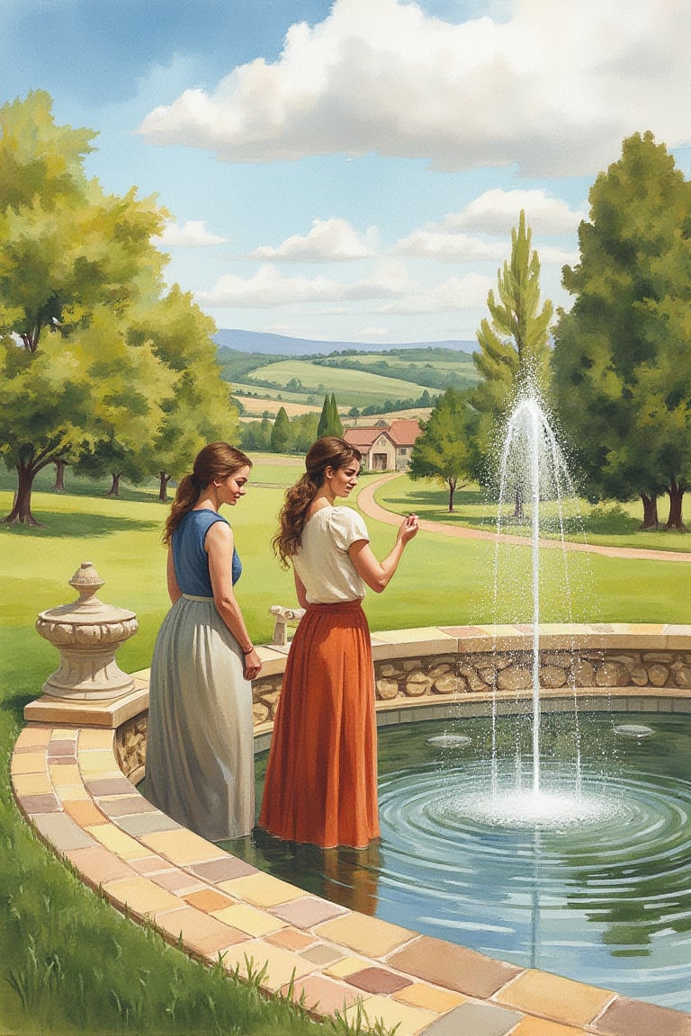 watercolor painting, vl style, two women are standing by a water fountain. There is a rural landscape in the background.