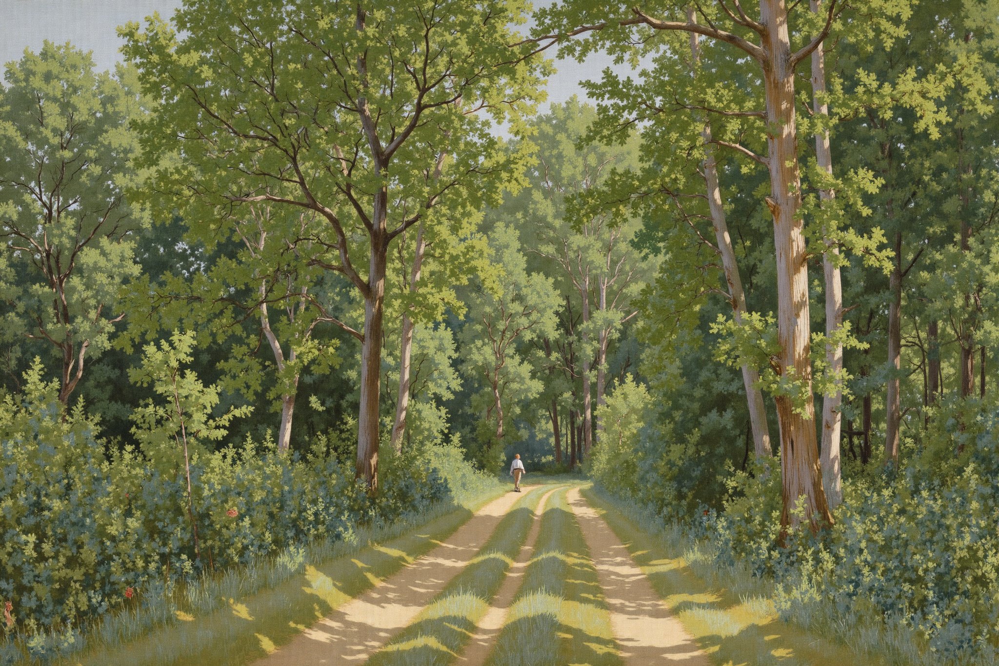 Oil painting. A serene woodland scene, inviting viewers into a tranquil forest setting. The painting emphasizes the natural beauty of the trees and path, suggesting a moment of peace within nature. The palette is dominated by soft greens, muted browns, and gentle grays. This subdued color scheme enhances the atmospheric quality of the scene, creating a harmonious blend that evokes a sense of calm and reflection amid the dappled light filtering through the foliage. The painting is using the Tonalism technique.