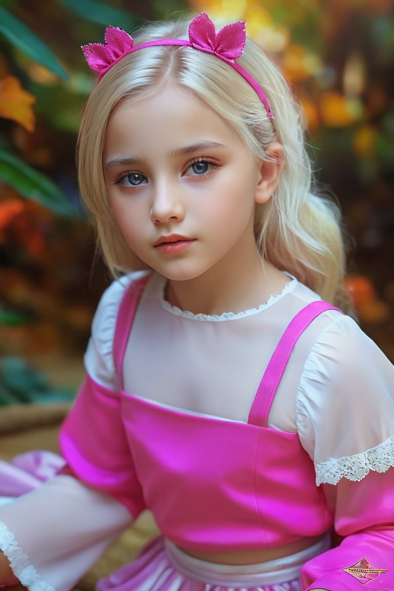 ((Generate hyper realistic image featuring a stunning sexy and seductive, k1nd3r, 10 year old child girl with white blonde hair, child face, thin face, small nose (high quality), masterpiece, (intricate details) highly detailed, vibrant, production film, ultra high quality, photography style, Extremely Realistic, (((Dramatic light))),AIDA_LoRA_HanF, witch costume, very short skirt, thigh_highs, pink colours