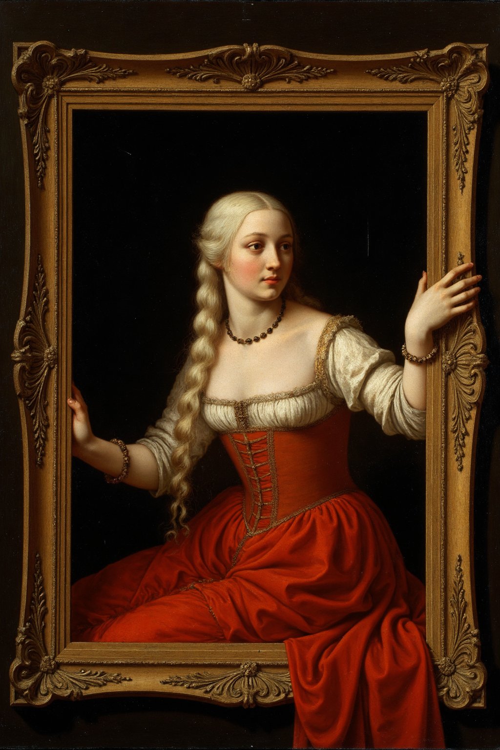 Oil painting using the Trompe-l'oeil technique. The painting has a fake, painted frame. It is depicting a portrait of a lady with white, flowing hair and a red low-cut dress sitting in a castle bed chamber. It looks like she is climbing out of the painting, her hands grabbing the fake frame.