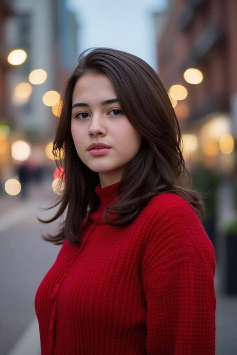 sandrine girl, 15 years old. Dark brown hair. Professional photo, outdoors, evening, city street corner, looking at viewer, parted lips. Wearing a long red sweater. Shallow depth of field. Bokeh