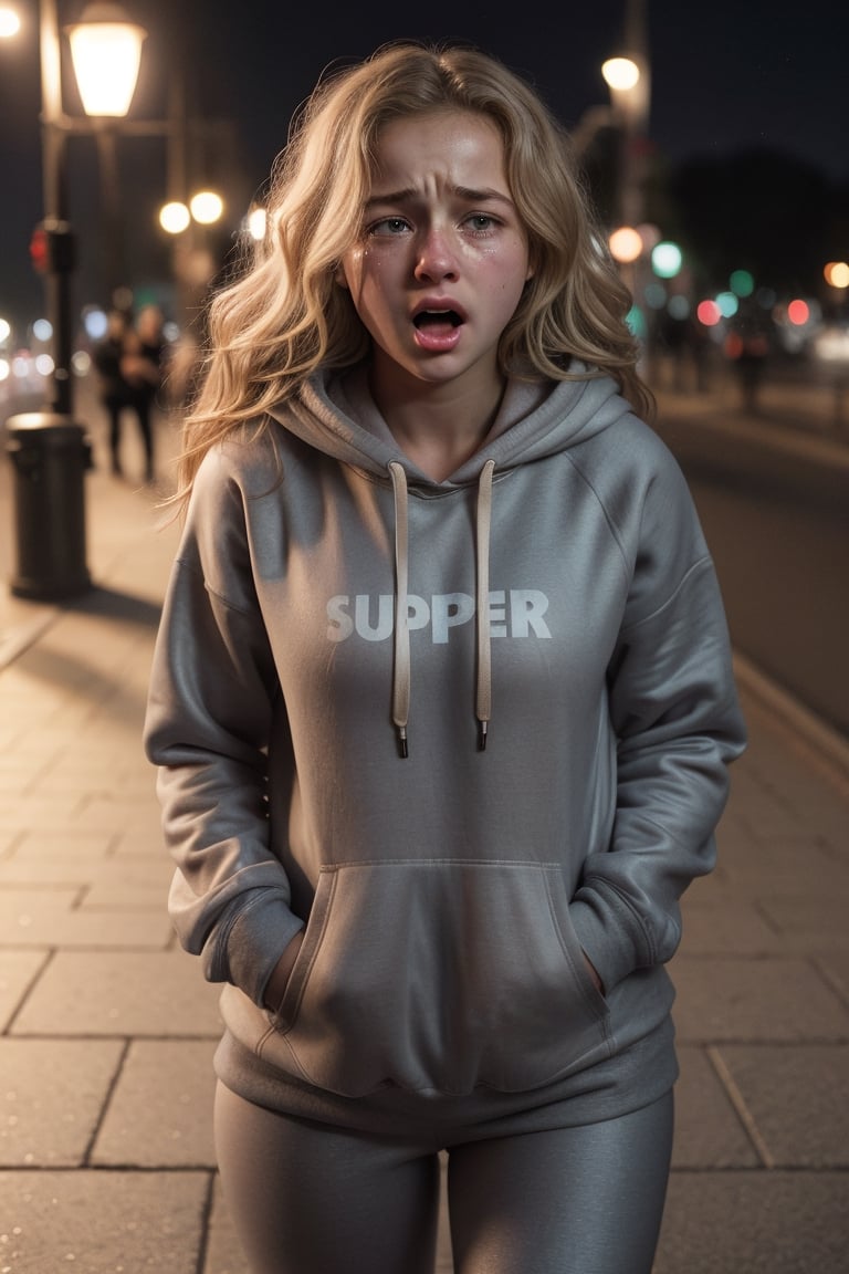 night, city sidewalk, expr3ssions, 1girl, european, 18 year old, beautiful, wavy blonde hair, crying with mouth open, realistic eyes, super realistic face, scared, upper body portrait, open hoodie, leggings, facing viewer, 8k uhd, dslr, cinematic lighting, high quality, realistic