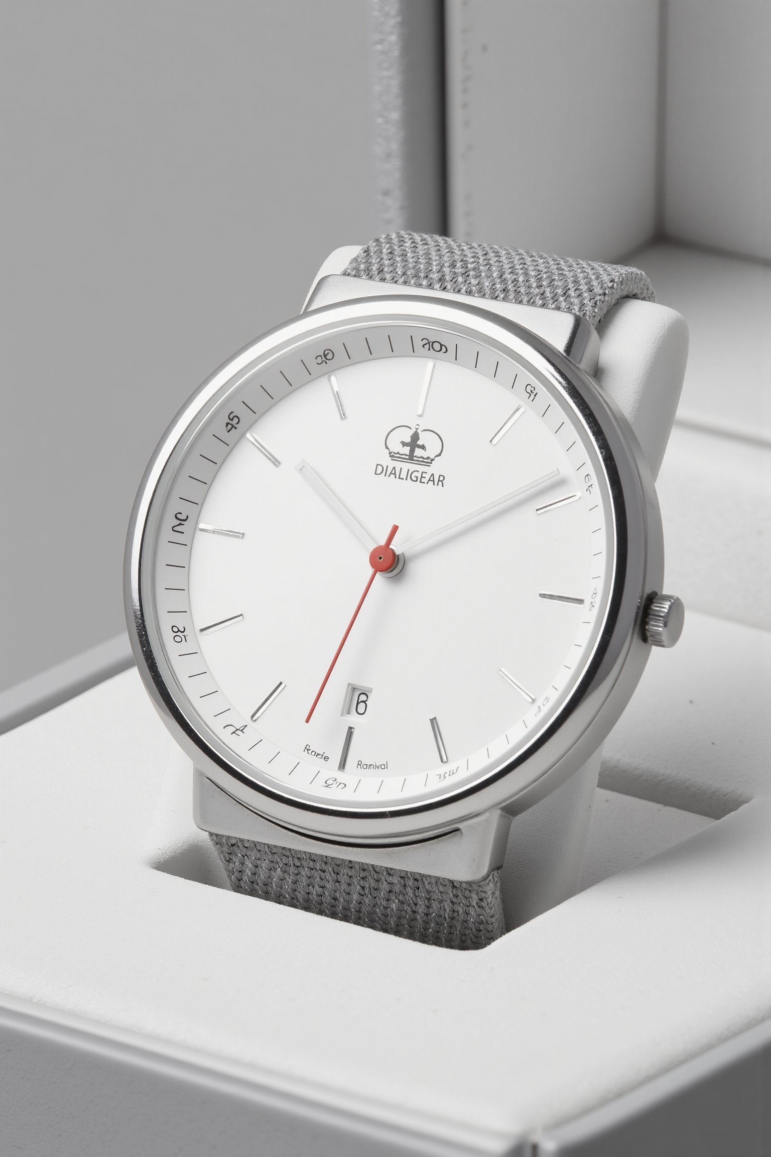 Professional product photo of a wristwatch zooming in on the watch dial. The wristwatch white with silver markers. The seconds hand is red. The logo just under the 12 o'clock marker is the letters D and G intertwined under a crown with the text "DIALGEAR" in helvetica font. The wristwatch is in a minimalistic white, open presentation box. The design follows dieter style. Hasselblad H6D-400c MS, low exposure, high contrast, ISO 100, with a 120mm macro lens, soft studio lighting with controlled highlights, key light from the right with a softbox, fill light from the left, and backlight for subtle rim lighting.