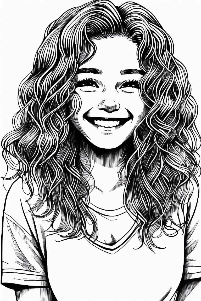 1nkdraw1ng, ink medium, lineart, crosshatching texture, 1girl, 13 year old, wavy hair, smile, white background