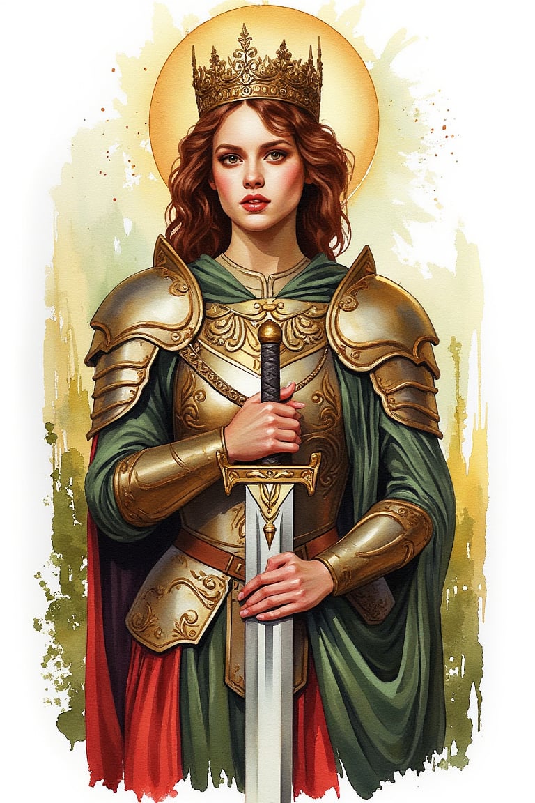 watercolor painting, lb style, abstract, a young woman wearing a crown and armor. She is holding a sword. Art nouveau.