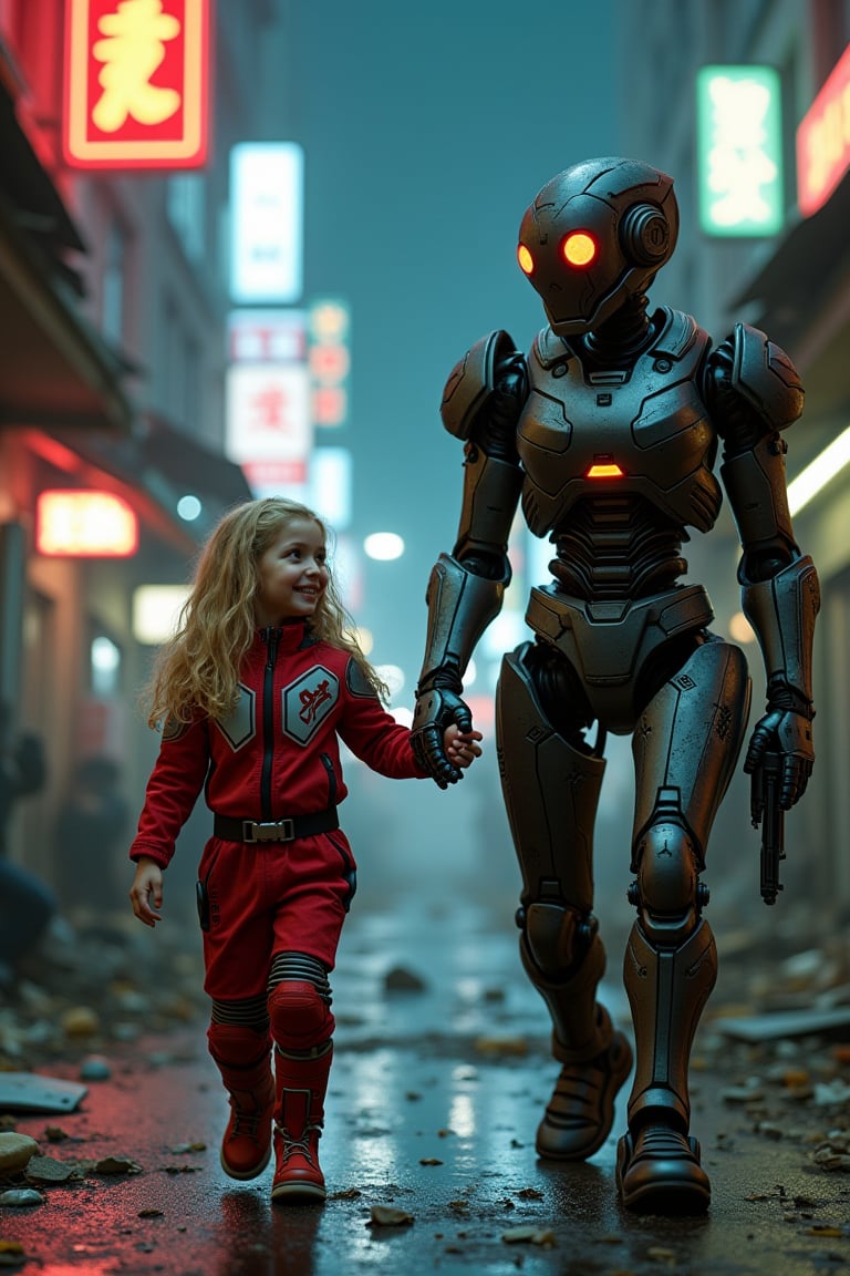 Photo. A rundown cyberpunk city street at night with broken neon signs and rubble. A little girl is walking. She has long blonde wavy hair and she is wearing a red armored suit with technology and a vital signs display. She is holding hands with her guardian who is a dark metal robot which is slightly worn. She is smiling at her guardian. The robot is armed with futuristic weapons so it can keep the little girl safe. It looks like the robot is smiling back at the girl with its glowing visor.