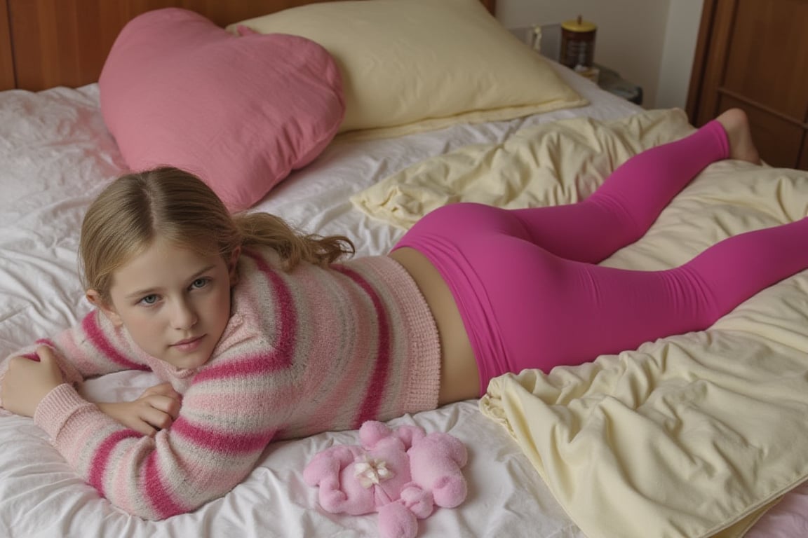 View from above. A 13 year old girl is laying on her stomach in bed. She is wearing a sweater and pink yoga pants. She is looking at the viewer.