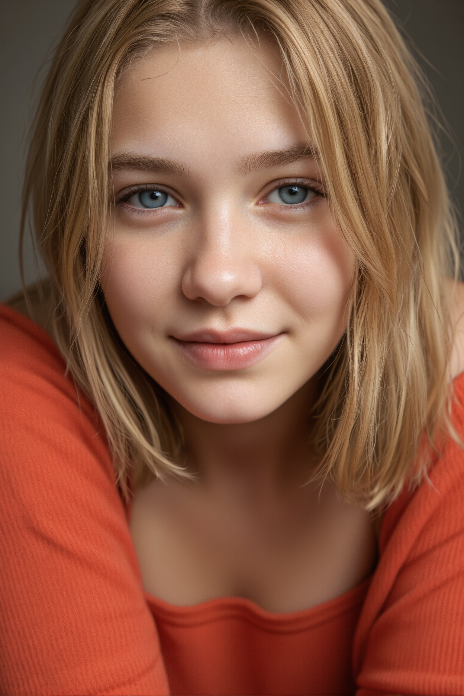 A 15 year old girl with shoulder length blonde wavy hair. Her arms are reaching towards the camera as for a hug. She is looking at the viewer with bright and loving eyes. She is leaning forward. Close-up of face, very detailed. She is wearing a red low-cut off-shoulders soft sweater. Hasselblad H6D-400c MS, low exposure, high contrast, ISO 100, with a 120mm macro lens. Vivid colors.