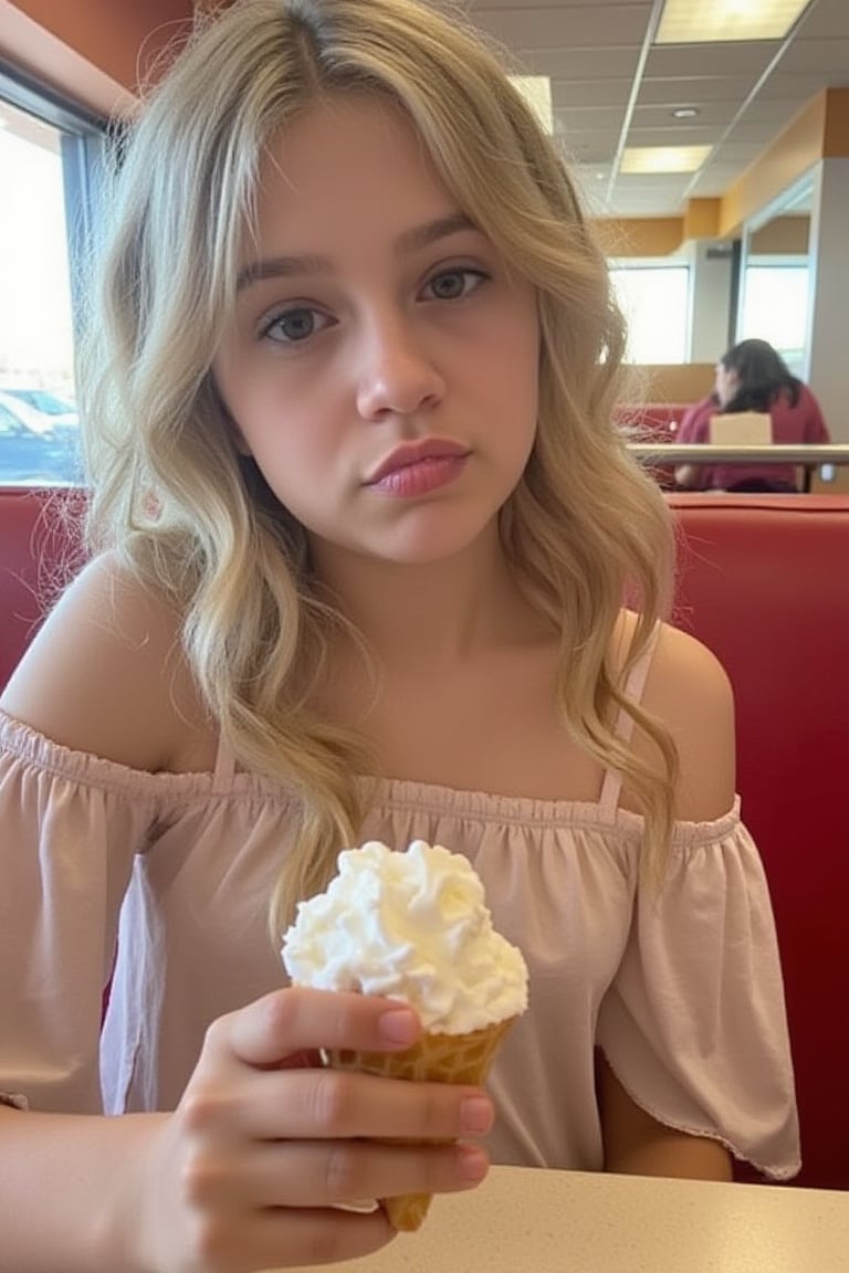 A 15 year old girl with wavy blonde hair. She is wearing an off-shoulders top. She is sitting at a booth in a fast food restaurant. She is looking at the viewer. She is licking a soft ice cream. 