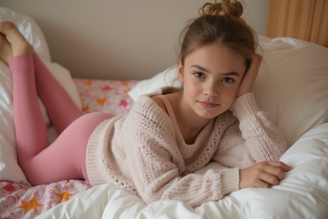 View from above. A 14 year old girl is laying on her stomach in bed. She is wearing a loose sweater and pink yoga pants. She is looking at the viewer.