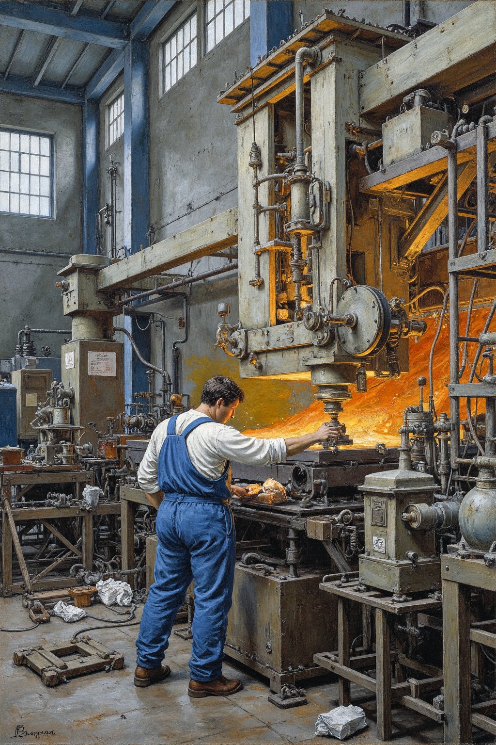 An oil painting using the Alla Prima technique. It depicts a factory worker operating heavy machinery in a steel mill. The industrial scene is vibrant and energetic, with splashes of orange and yellow from molten metal contrasting with the cool grays and blues of the machinery and walls. The worker’s posture is tense, emphasizing the intensity of the work. The brushstrokes are bold and fluid, creating a sense of movement and urgency throughout the composition.