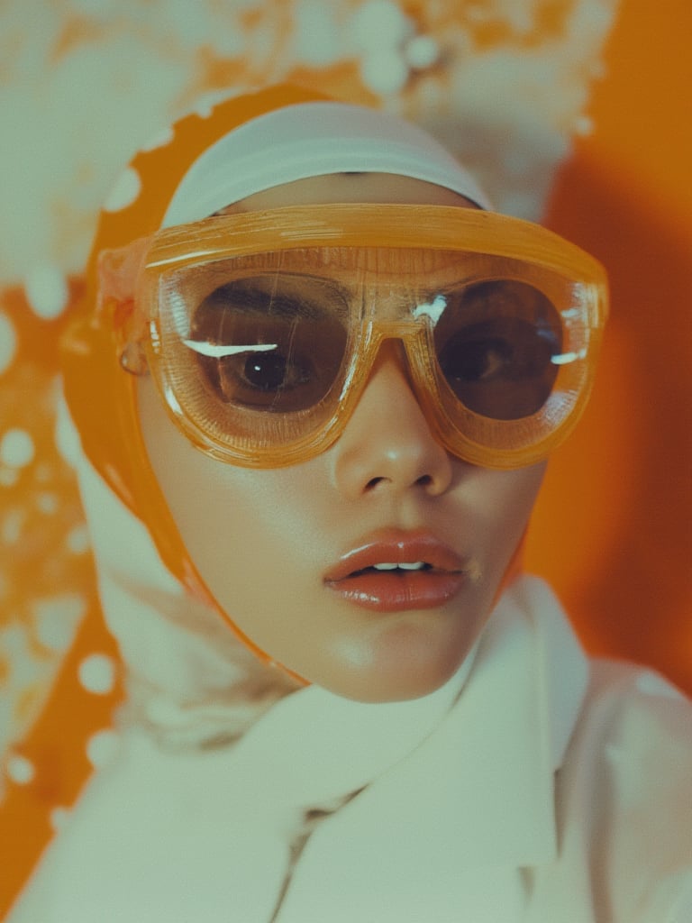 fashion_shot of asian woman, medium shot, depth , contrast color high fashion, inflatable sunglasses, model with silver skin, expressive, dreamy, unexpected boldness, 80s polaroid picture