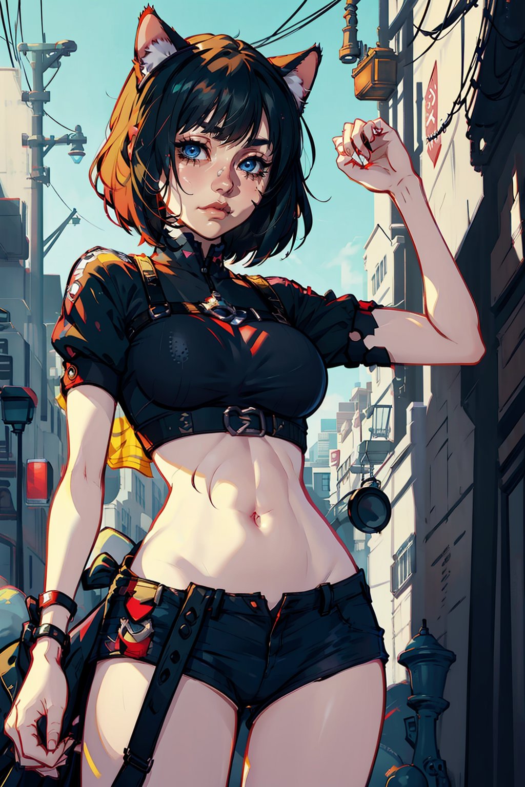 game character design, anime girl, crop top, short hair, cat ears, big breasts, looking at the camera, hands down,half body