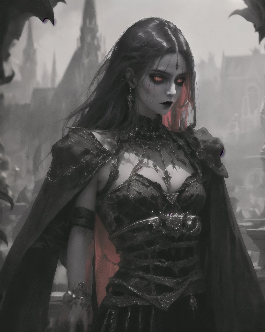 Vampire Queen, backlit, intricate details, highly detailed, slate atmosphere, cinematic, dimmed colors, dark shot, muted colors, film grain, lut, spooky, depth blur, blurry background dof, bokeh, realistic, realistic skin