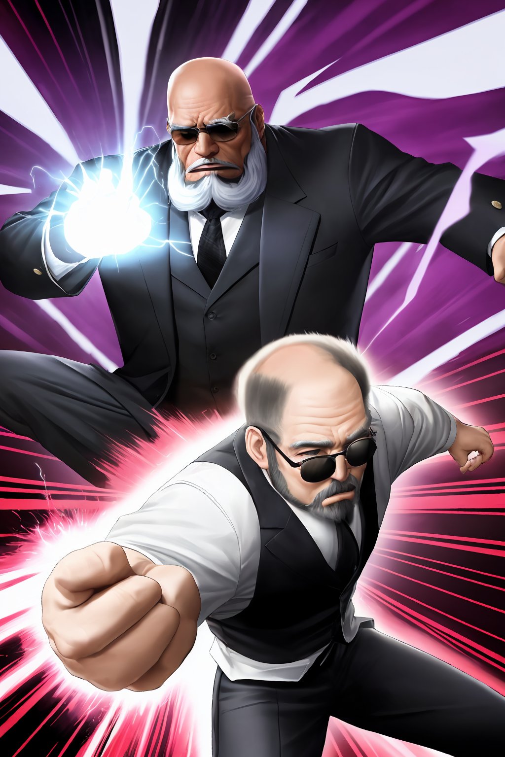 absurdres, absolutely resolution, incredibly absurdres, highres, ultra detailed, official art, unity 8k wallpaper,
BREAK
(1 man:1.2), 50 yo, old man, (Baldness:1.2), (black beard:1.2), round sunglasses, macho, suit, necktie,
BREAK
fighting stance, dynamic pose,
BREAK
(energy hand:1.2), purple energy, sparks,