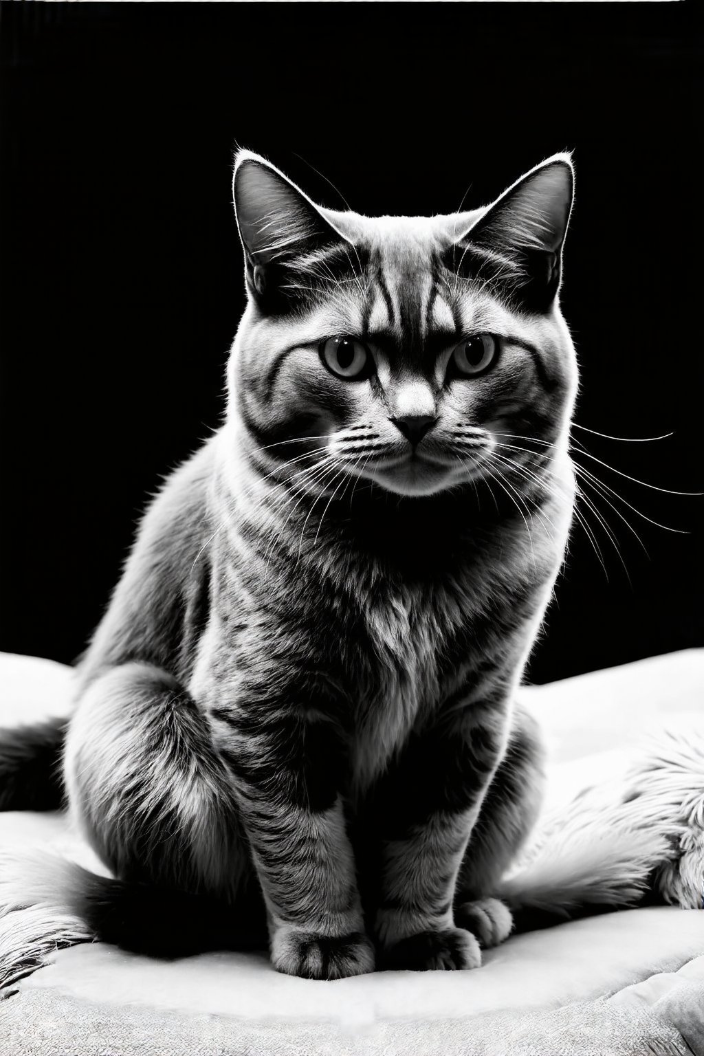 Close-up shot of a sleek black and white patterned cat sitting regally on a plush velvet cushion. The camera frames the cat's face, highlighting the intricate swirling patterns on its fur. Soft, warm lighting casts a gentle glow, accentuating the textures and tones of the cat's coat. The composition is simple yet striking, with the cat's piercing eyes drawing the viewer in. The subject sits confidently, tail held high, as if surveying its kingdom.