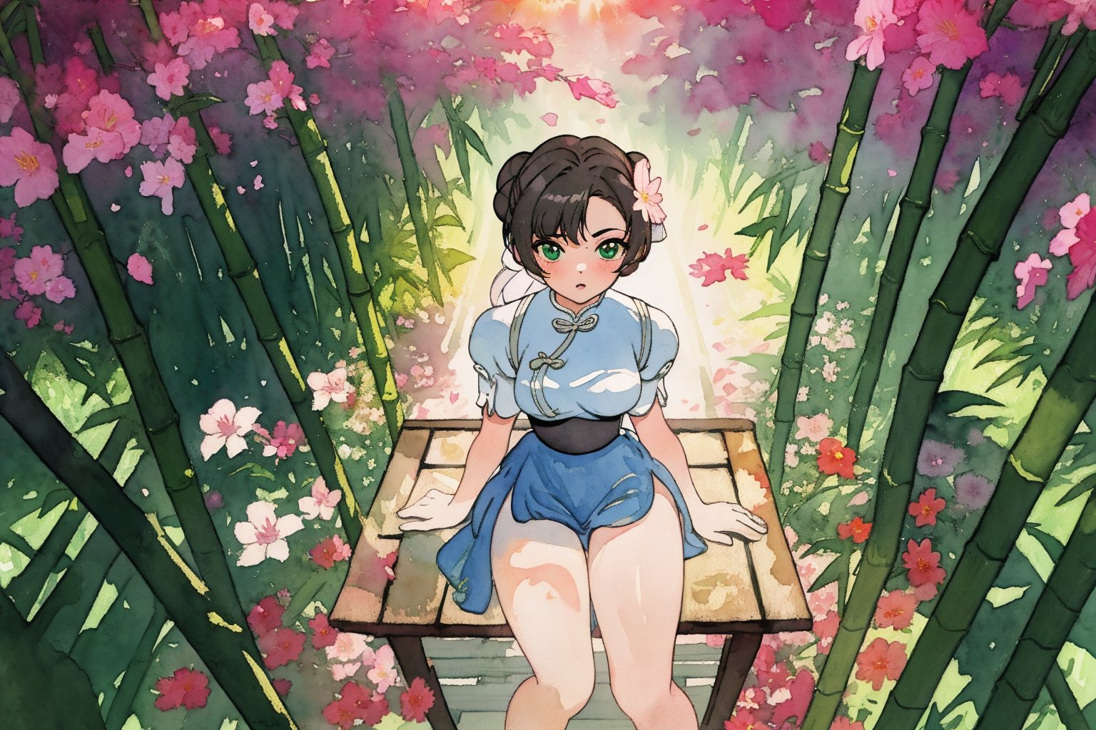 (masterpiece), best quality, expressive eyes,(((ultra detailed, 8k quality))), 1girl, (chun-li),thighs,translucent fabric, sitting, (sunset time, sun rays), (bamboo forest, flower field,glowing, bloom, chromatic, high contrast,green), (((watercolor))), burnt, ((from above))