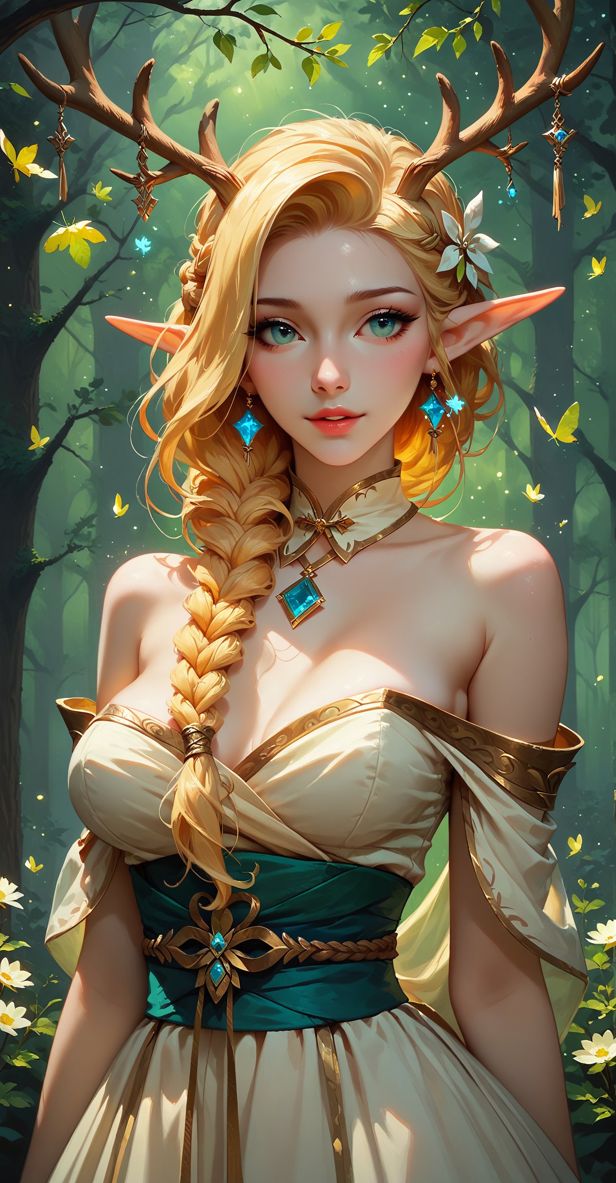 score_9, score_8_up, score_7_up, In this stunning piece of art, a mythical creature emerges from a serene forest glade, her delicate features illuminated by soft, diffused light. The girl's lower body transitions seamlessly into that of a white deer, with the upper body of a human woman, complete with long golden braided hair and elf-like ears. Her dress, a flowing white confection with a ribbon sash, seems to shimmer in harmony with the surrounding foliage. The overall effect is one of ethereal beauty, as if the natural world has been woven into her very essence.