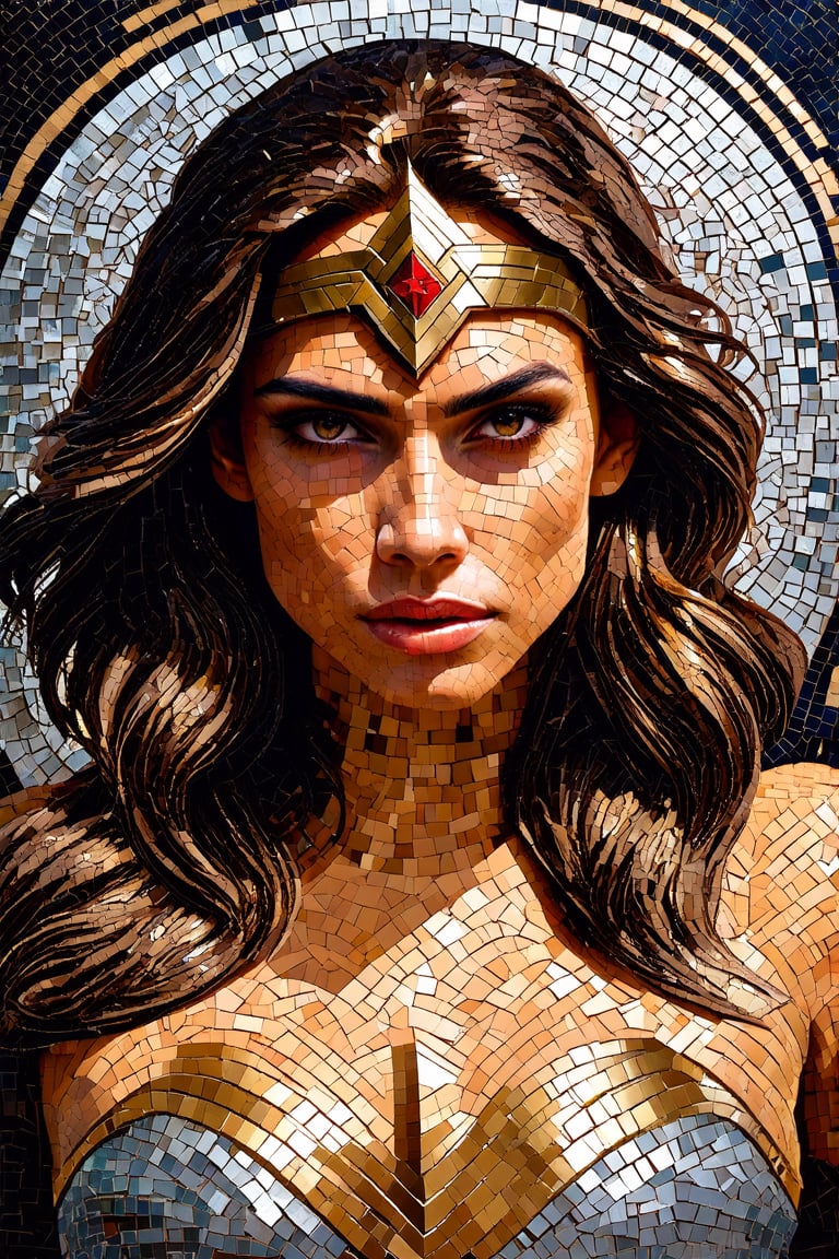  Gal Gadot as Wonder-Woman in Byzantine mosaic, with silver and black tesserae, beautiful portrait.